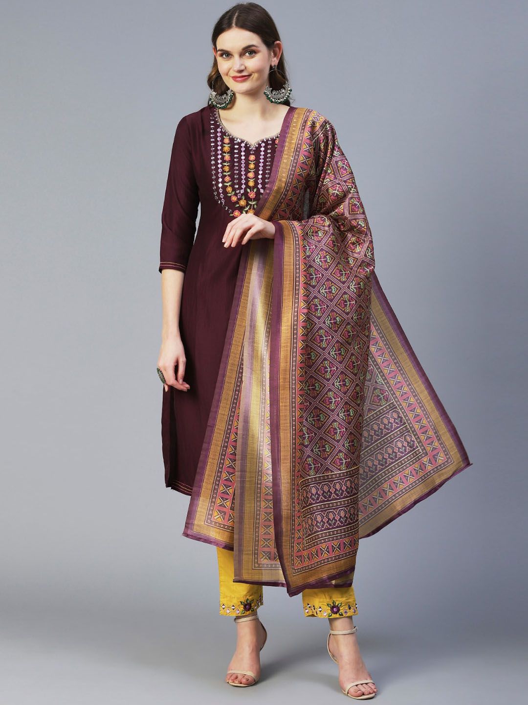 FASHOR Women Floral Embroidered Mirror Work Kurta with Trousers & With Dupatta Price in India