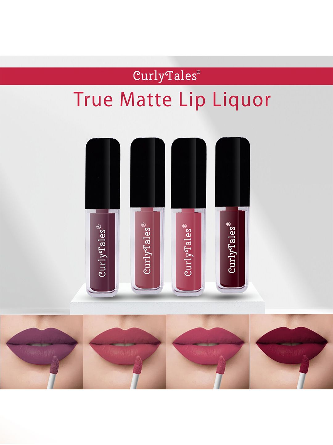 CurlyTales True Matte Set Of 4 Liquid Lipstick 4ml Each - Purple, Nude, Peach, Wine