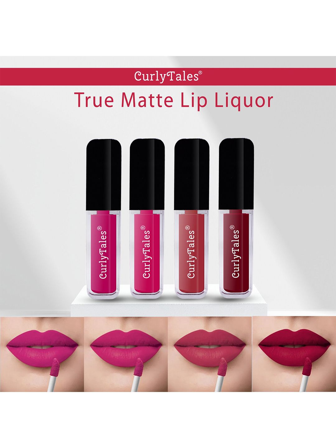 CurlyTales Set of 4 Lightweight & Waterproof True Matte Liquid Lipsticks 4 ml Each-Magenta 04 - Magenta Pink 05 - Brick Red 06 - Maroon 14
