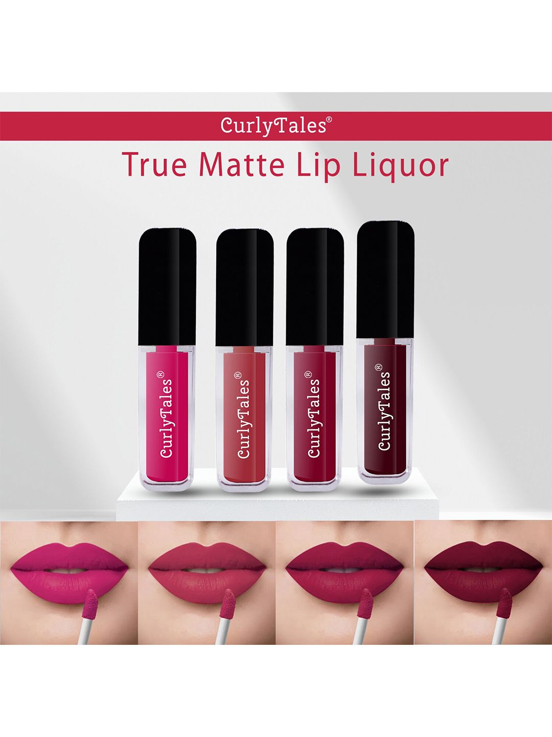 CurlyTales Set of 4 Lightweight & Waterproof True Matte Liquid Lipsticks 4 ml Each-Magenta Pink 05 - Brick Red 06 - Cherry Red 07 - Wine 13