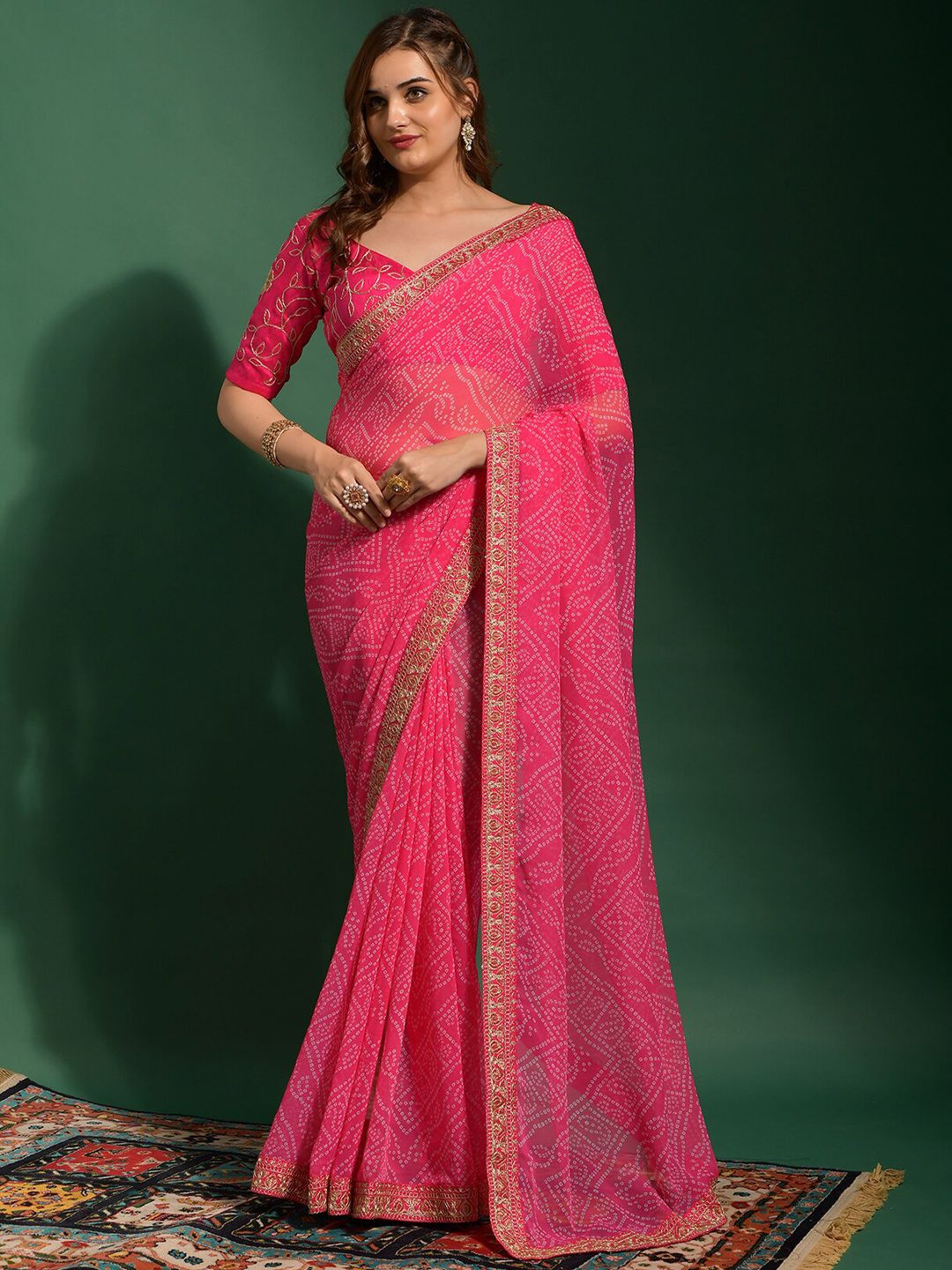 Globon Impex Bandhani Embroidered Pure Georgette Bandhani Saree Price in India