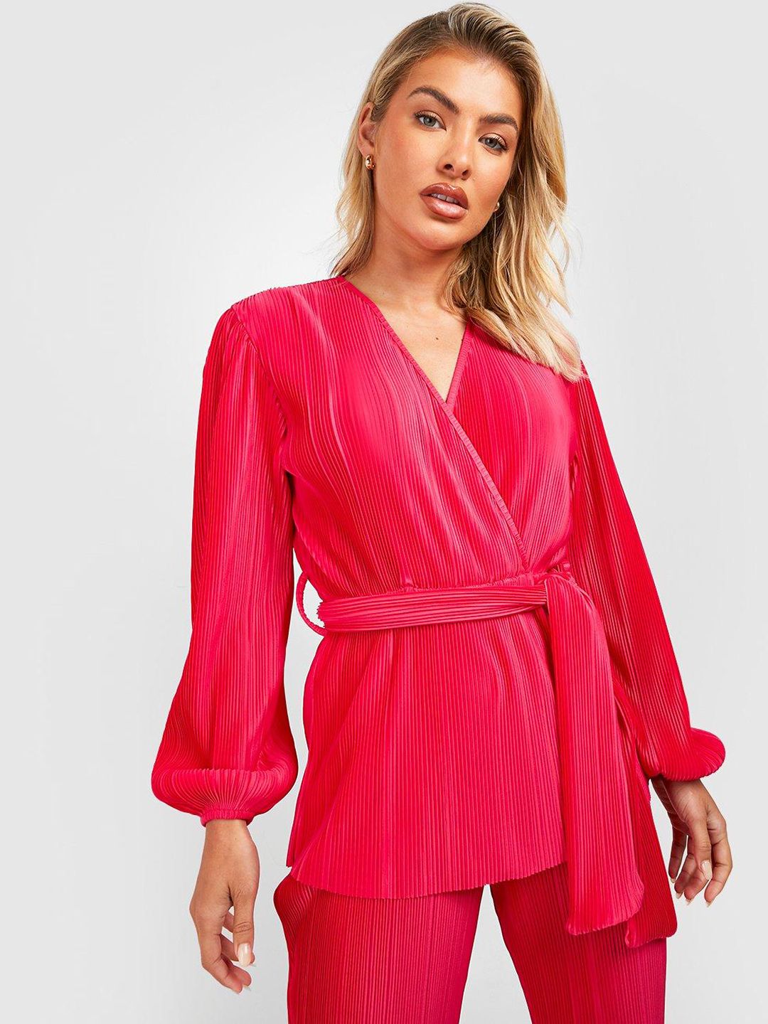 Boohoo Accordion Pleats Wrap Top with Belt Price in India