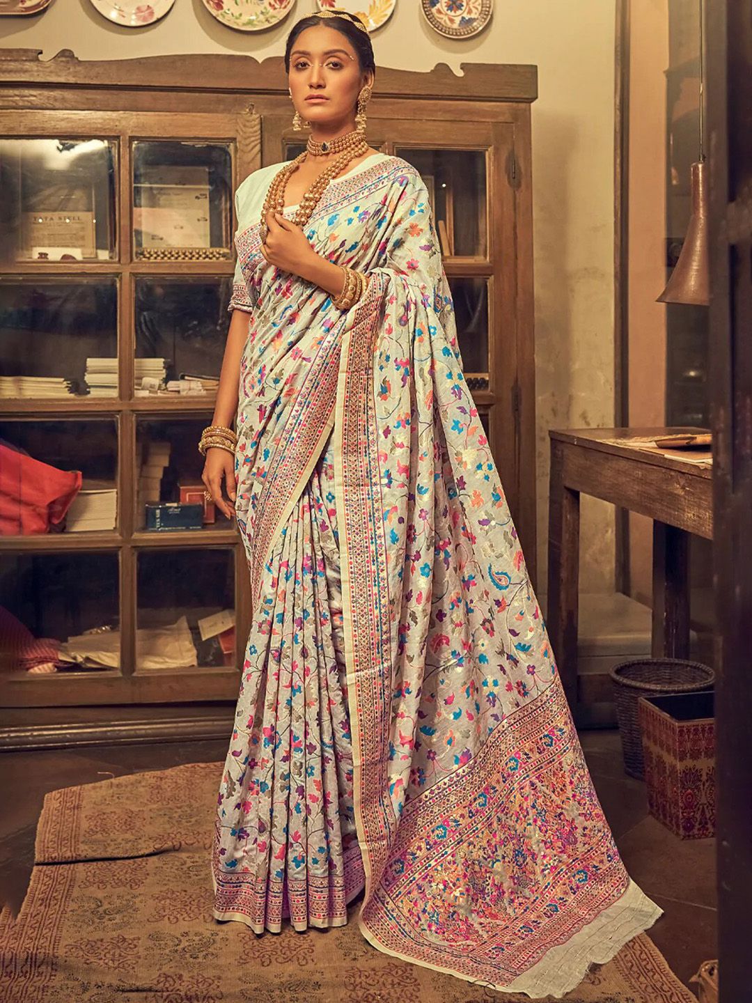 GAJARAI White & Pink Woven Design Zari Silk Blend Ready to Wear Banarasi Saree Price in India