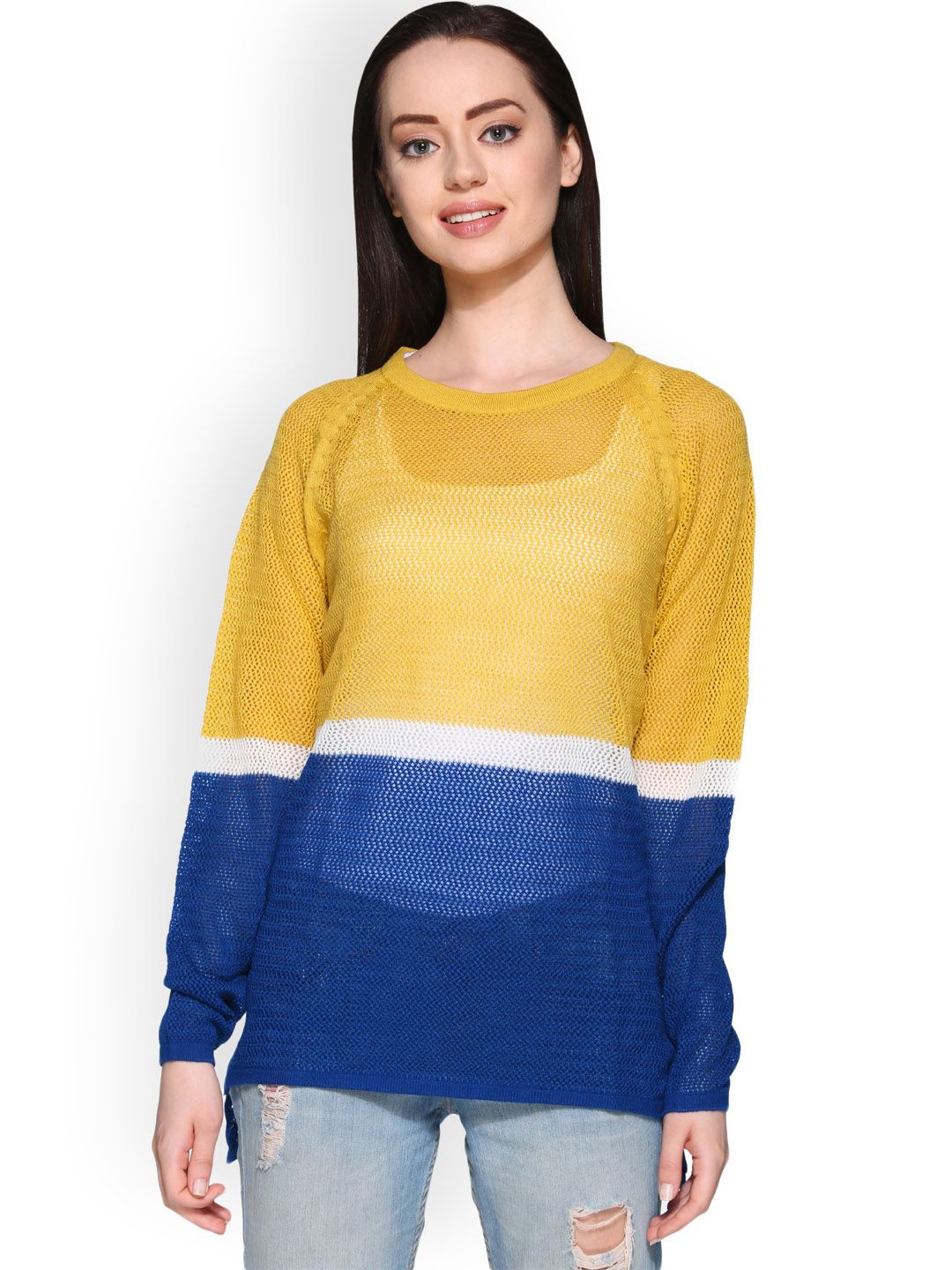 Club York Women Yellow & Blue Self-Design Colourblocked Pullover Price in India