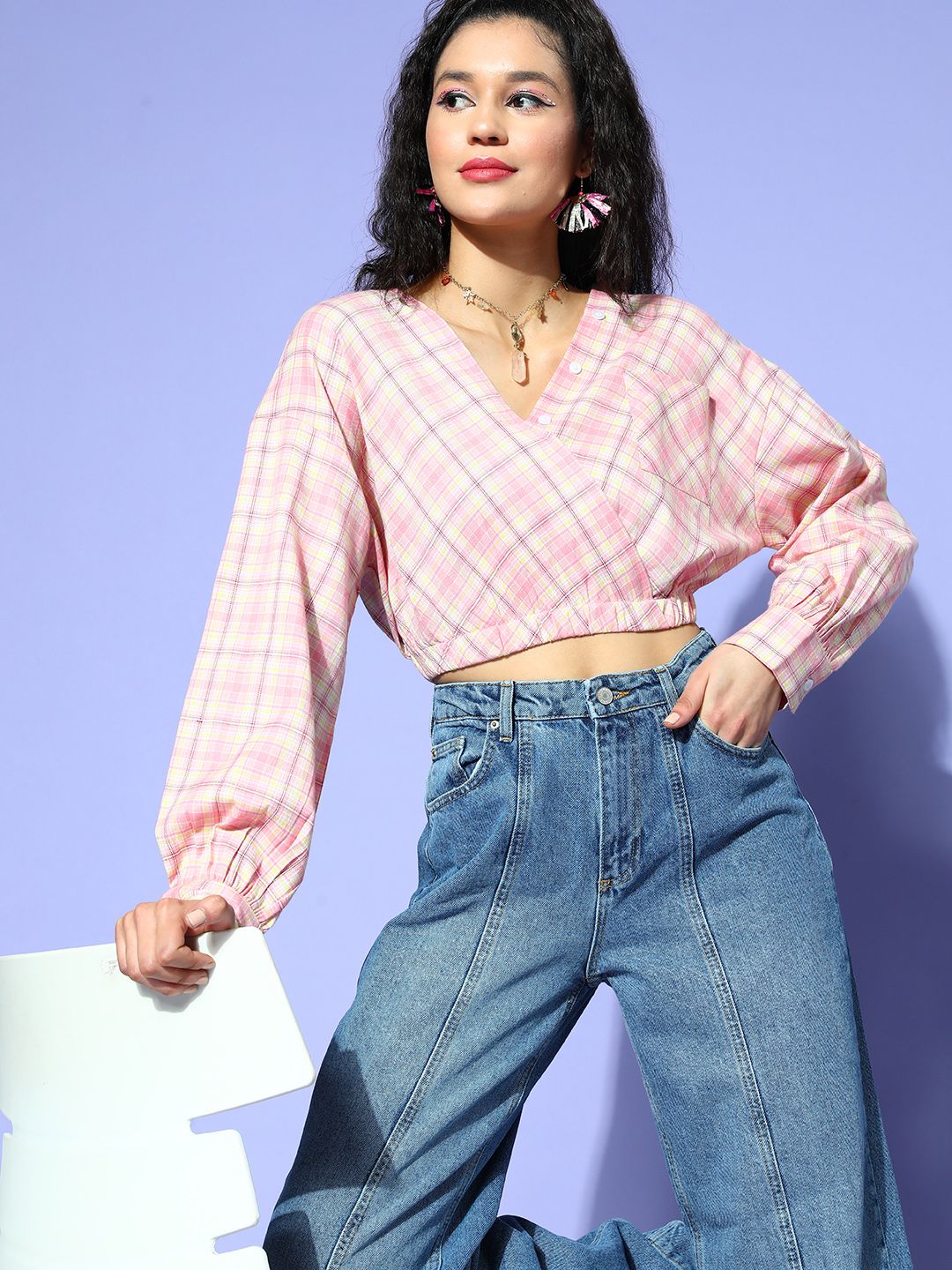 Berrylush Checked Crepe Wrap Crop Top Price in India
