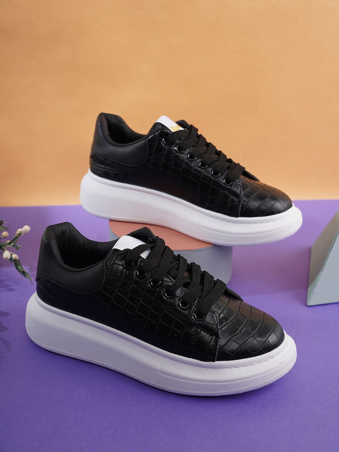 Bonkerz Women Black Woven Design Sneakers Price in India