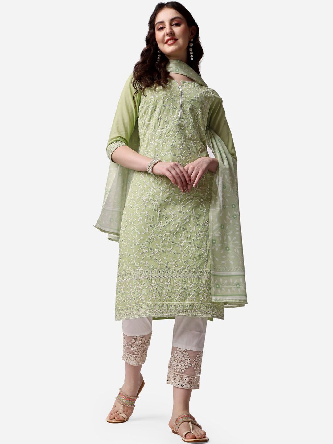 Berrylicious Floral Embroidered Thread Work Pure Cotton Kurta with Trousers & Dupatta Price in India