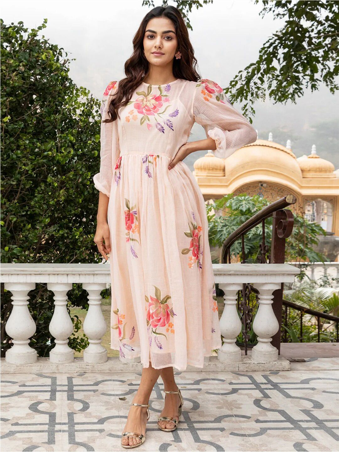 Ambraee Floral Midi Puff Sleeve Cotton Dress Price in India