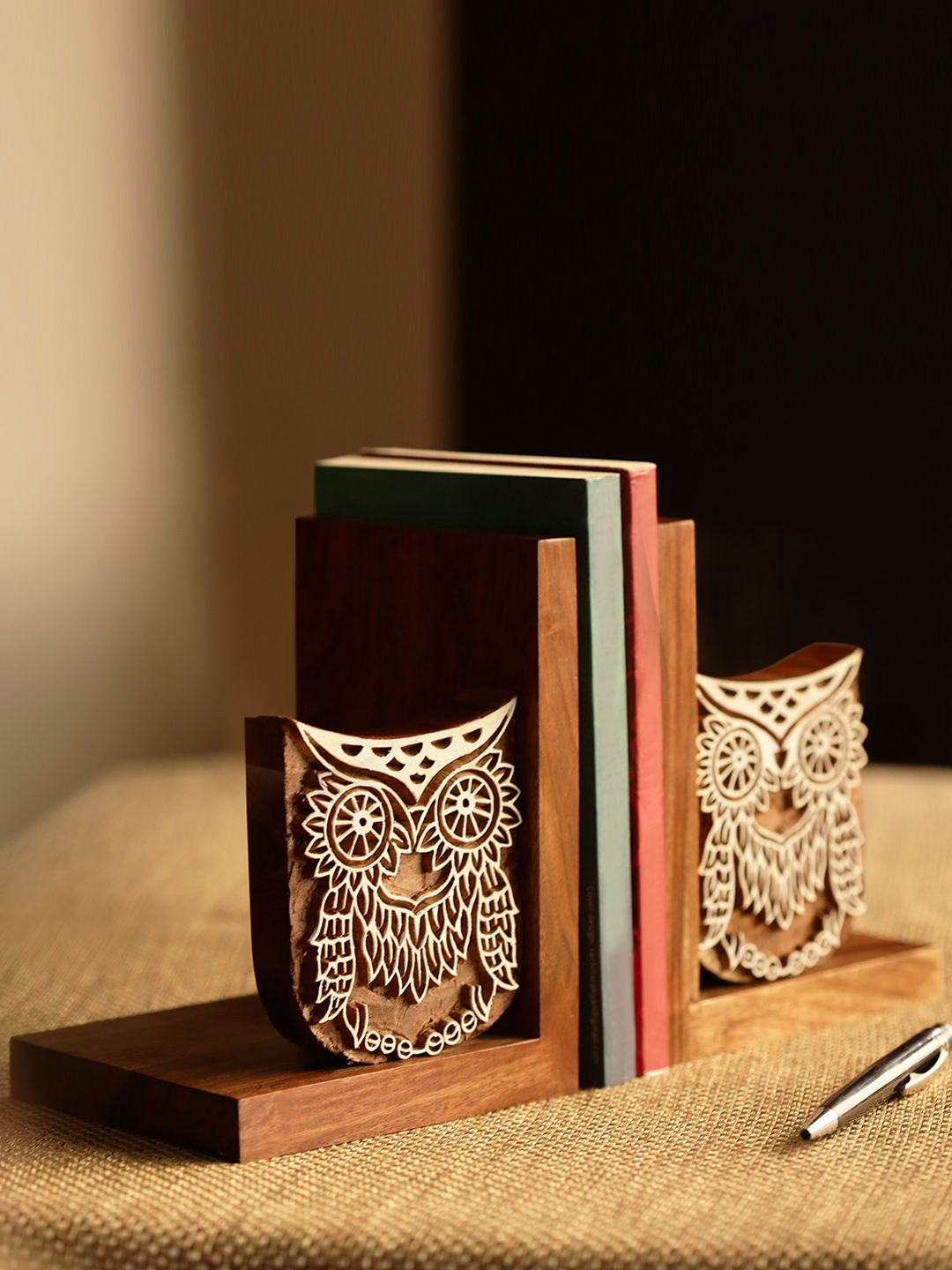 ExclusiveLane Brown Wooden Hand-Engraved Owl Book Ends Price in India