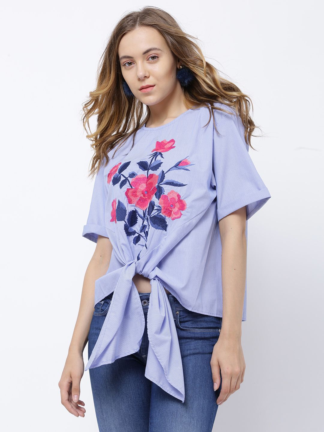 Tokyo Talkies Women Blue Self Design Pure Cotton Top