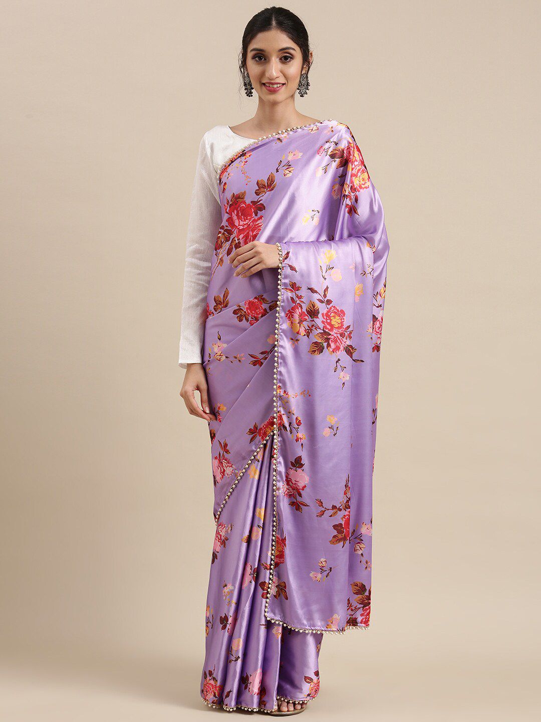AVANSHEE Floral Beads and Stones Satin Saree Price in India