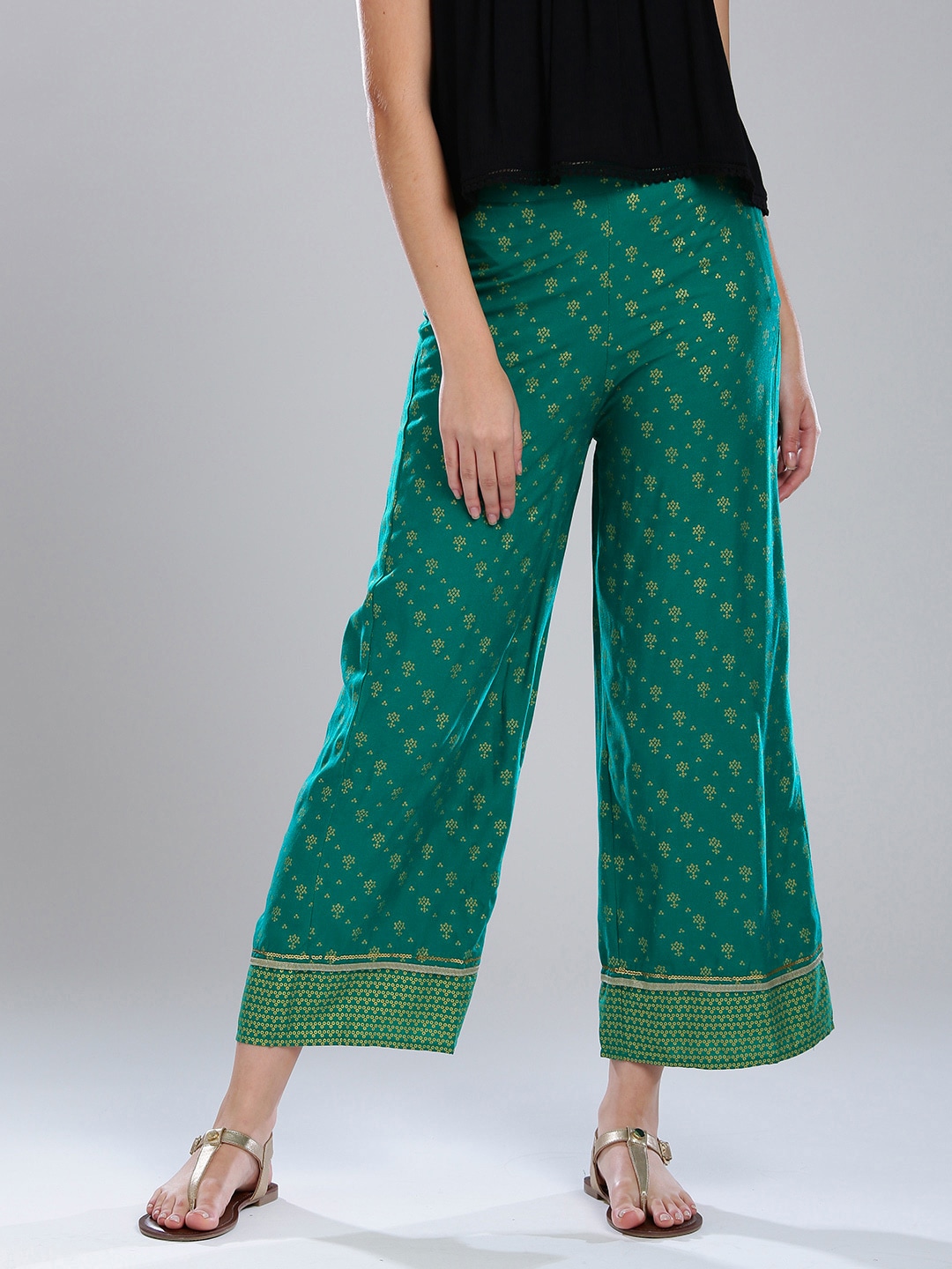 W Women Green & Gold-Toned Printed Wide Leg Palazzos Price in India