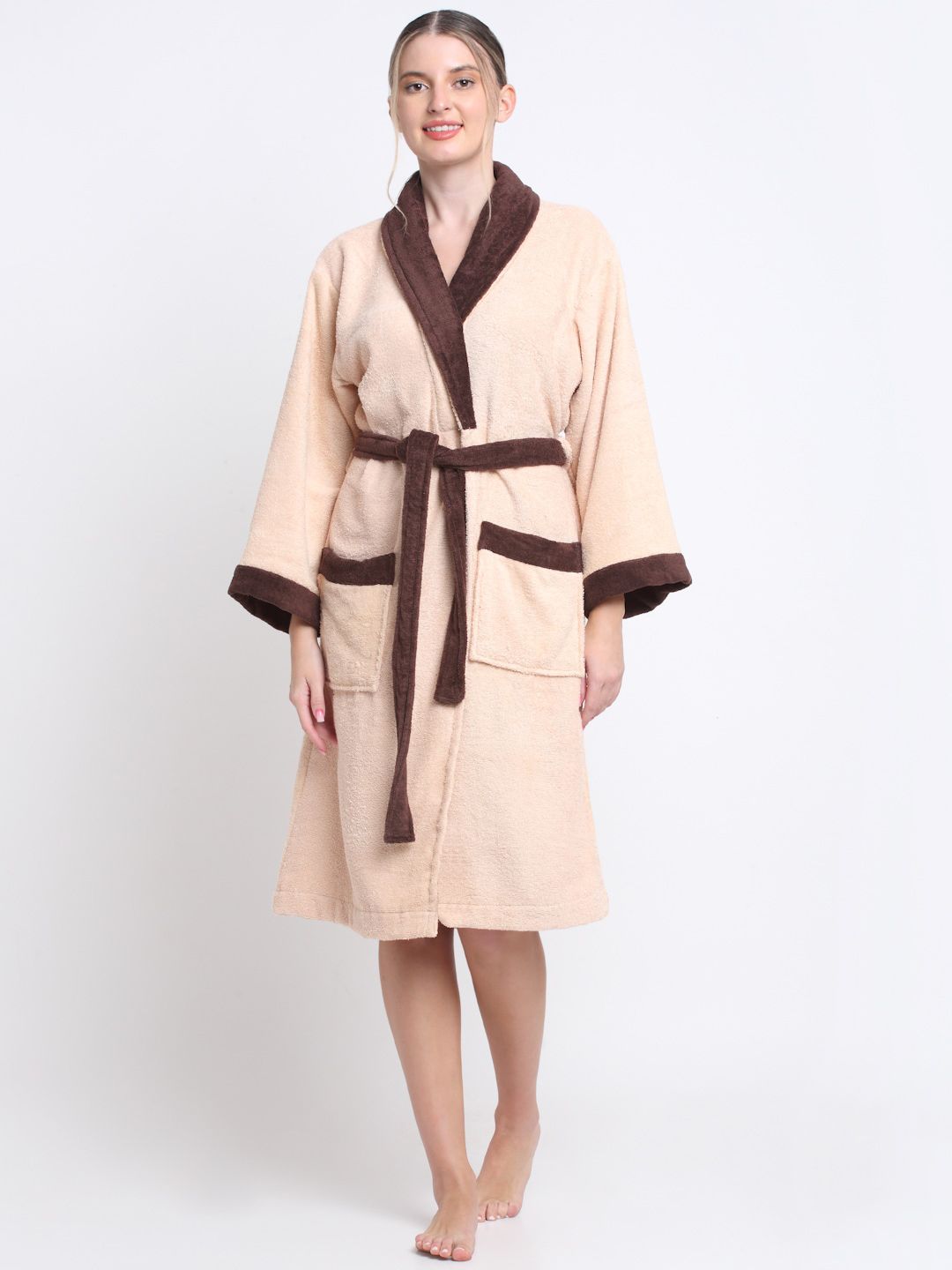 Creeva Women Brown & Peach Terry Cotton Luxury Bathrobe