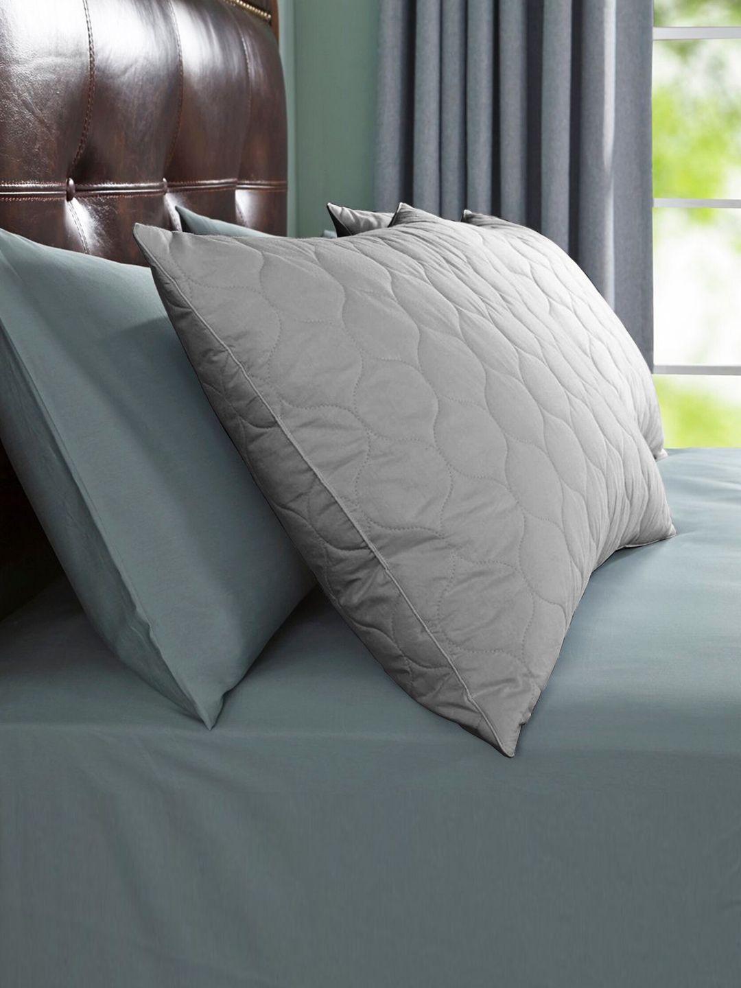 LA VERNE LA VERNE Grey Solid Polycotton Set of 2 Medium Fibre Sleep Pillow-41 x 66 cm