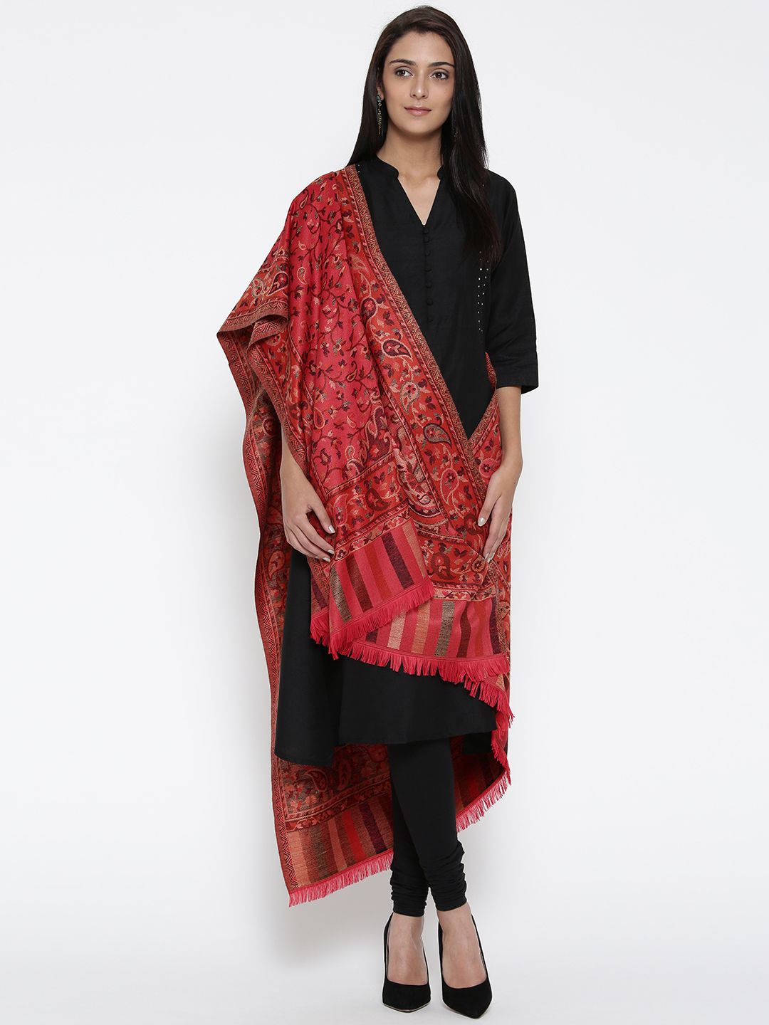 WEAVERS VILLA Coral Red & Beige Woven Design Shawl Price in India