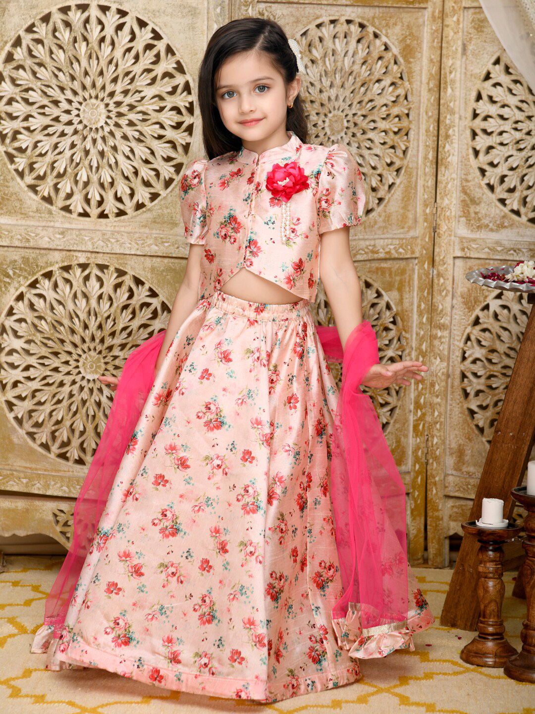 SAKA DESIGNS Girls Pink & Red Printed Beads and Stones Ready to Wear Lehenga & Blouse With Dupatta Price in India