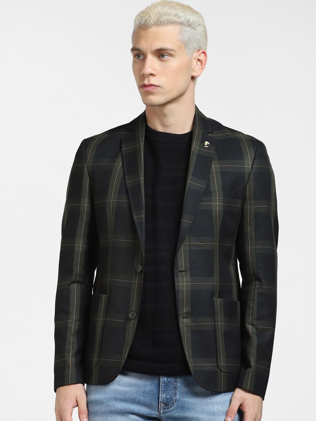 Jack & Jones Men Checked Slim-Fit Single Breasted Casual Blazer