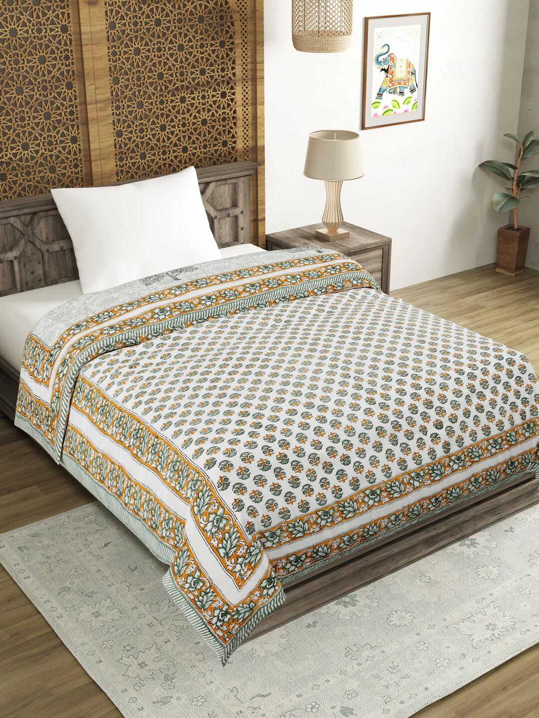 BLOCKS OF INDIA Green & White Floral Mild Winter 350 GSM Pure Cotton Single Bed Quilt