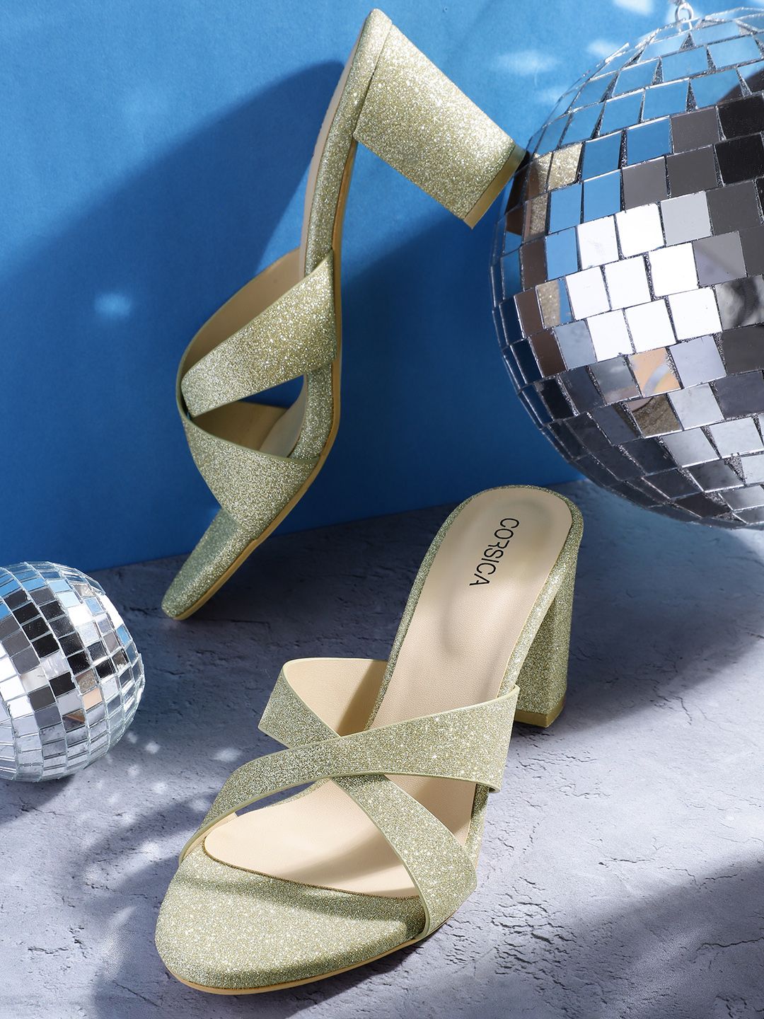 CORSICA Cross-Straps Party Block Heels with Glittery Effect