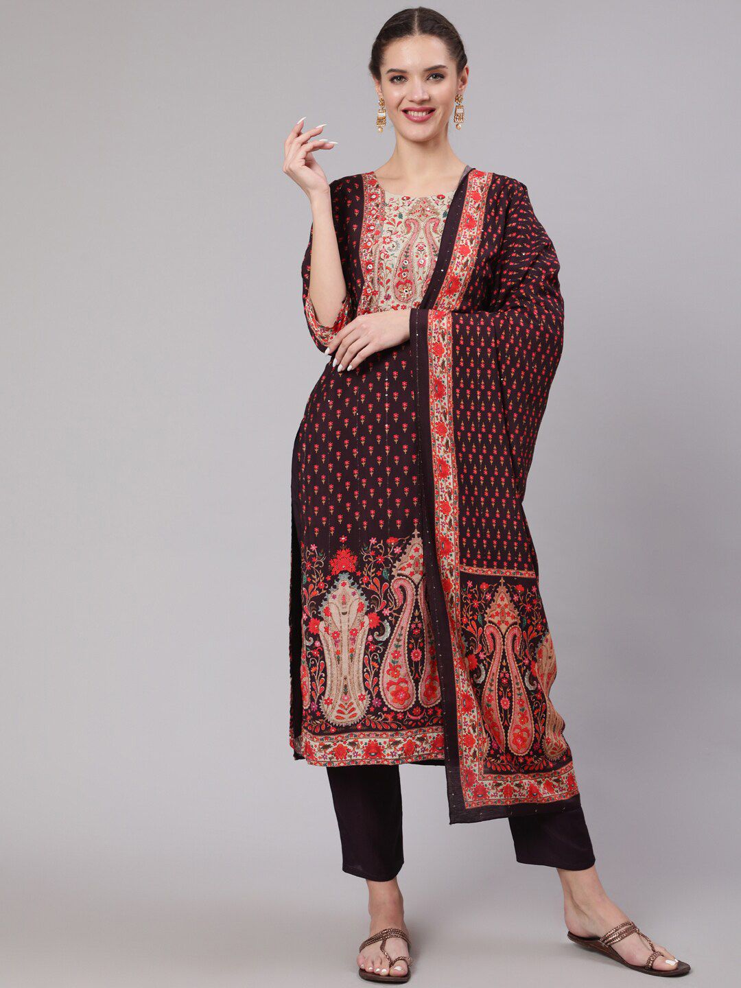 Nehamta Floral Printed Mirror Work Cotton Kurta with Trousers & With Dupatta Price in India