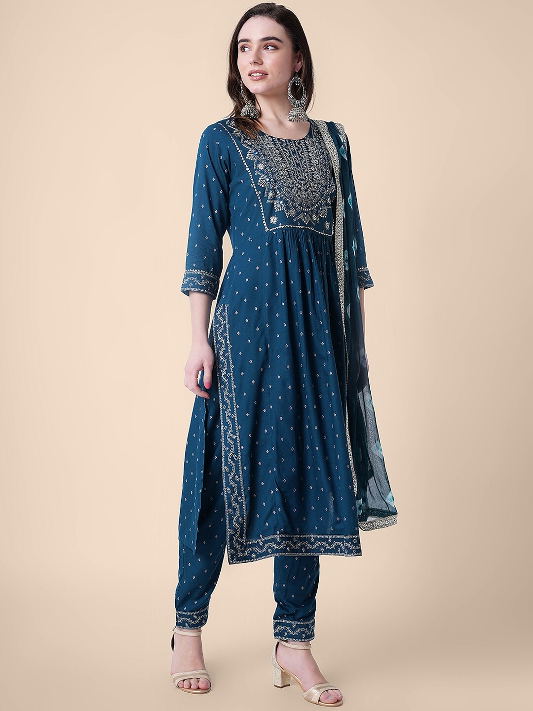 Mollar Ethnic Motifs Embroidered Empire Kurta with Trousers & Dupatta Price in India