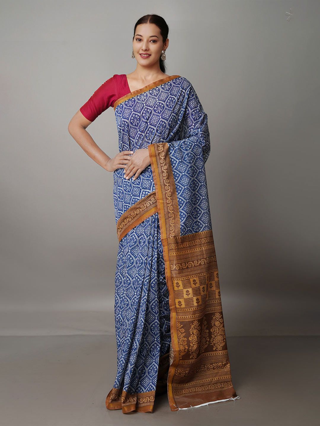 Unnati Silks Navy Blue & Brown Ethnic Motifs Silk Cotton Chanderi Saree Price in India