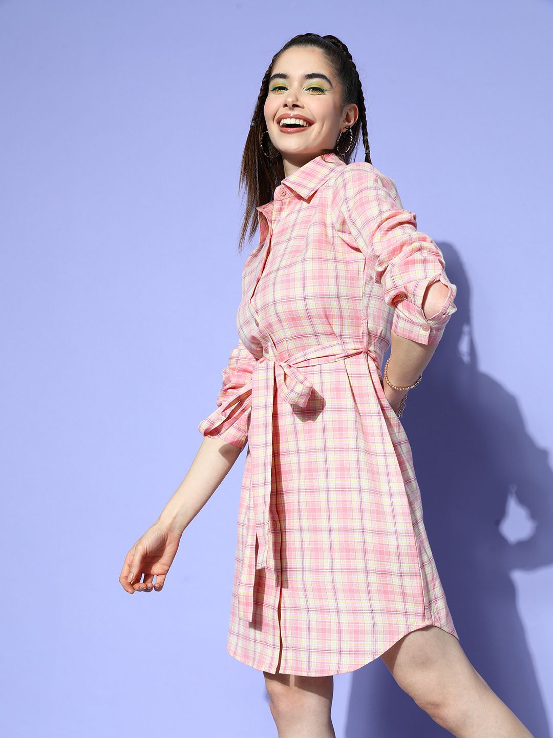 Buy Berrylush Pink Checked Crepe Shirt Dress - Dresses for Women