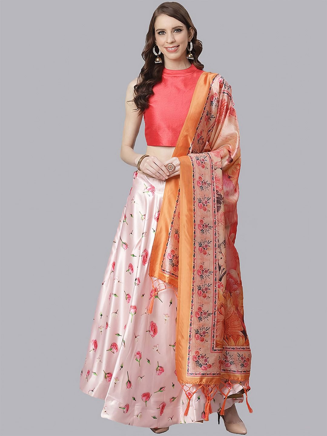 Kaizen TEXO FAB Pink & Red Semi-Stitched Lehenga & Unstitched Blouse With Dupatta Price in India