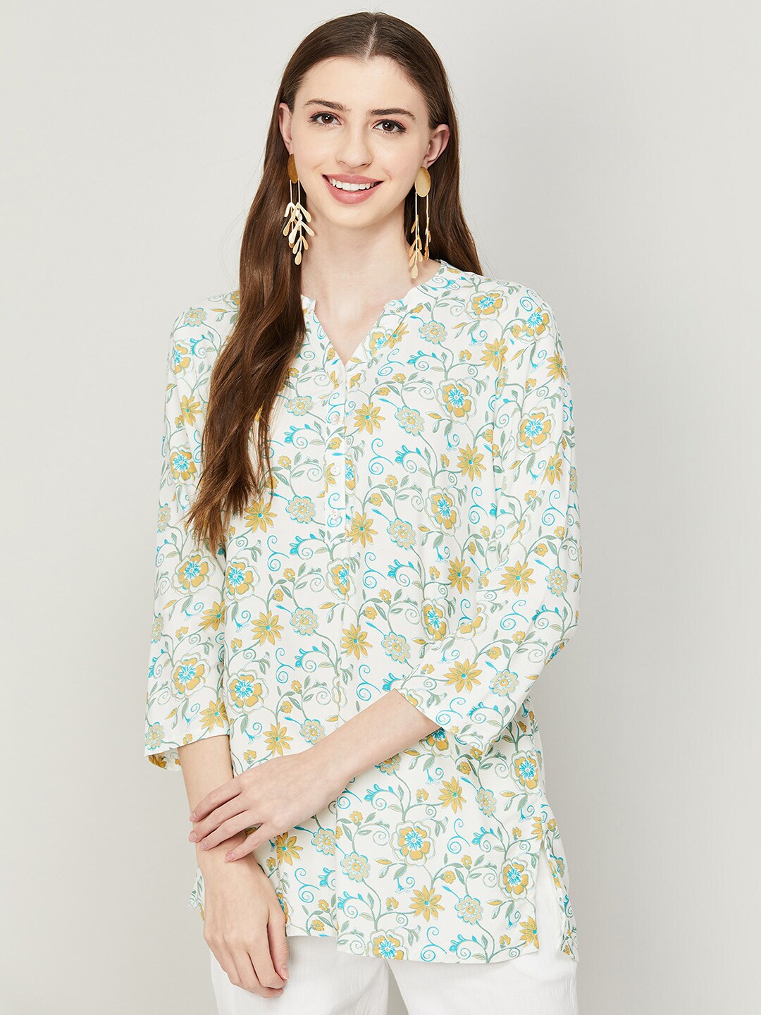 Melange by Lifestyle White & Blue Floral Printed Kurti Price in India
