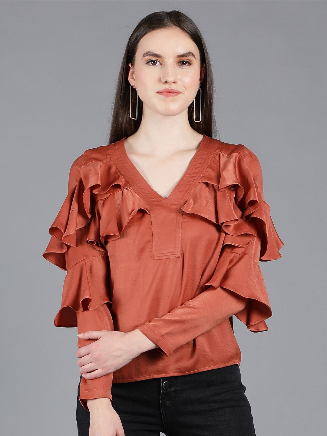 Amagyaa Rust Ruffles Crepe Wrap Top Price in India