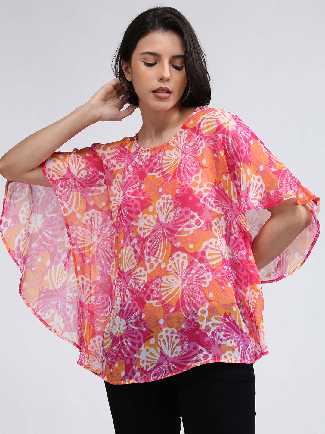 IDK Pink Floral Print Cape Top Price in India