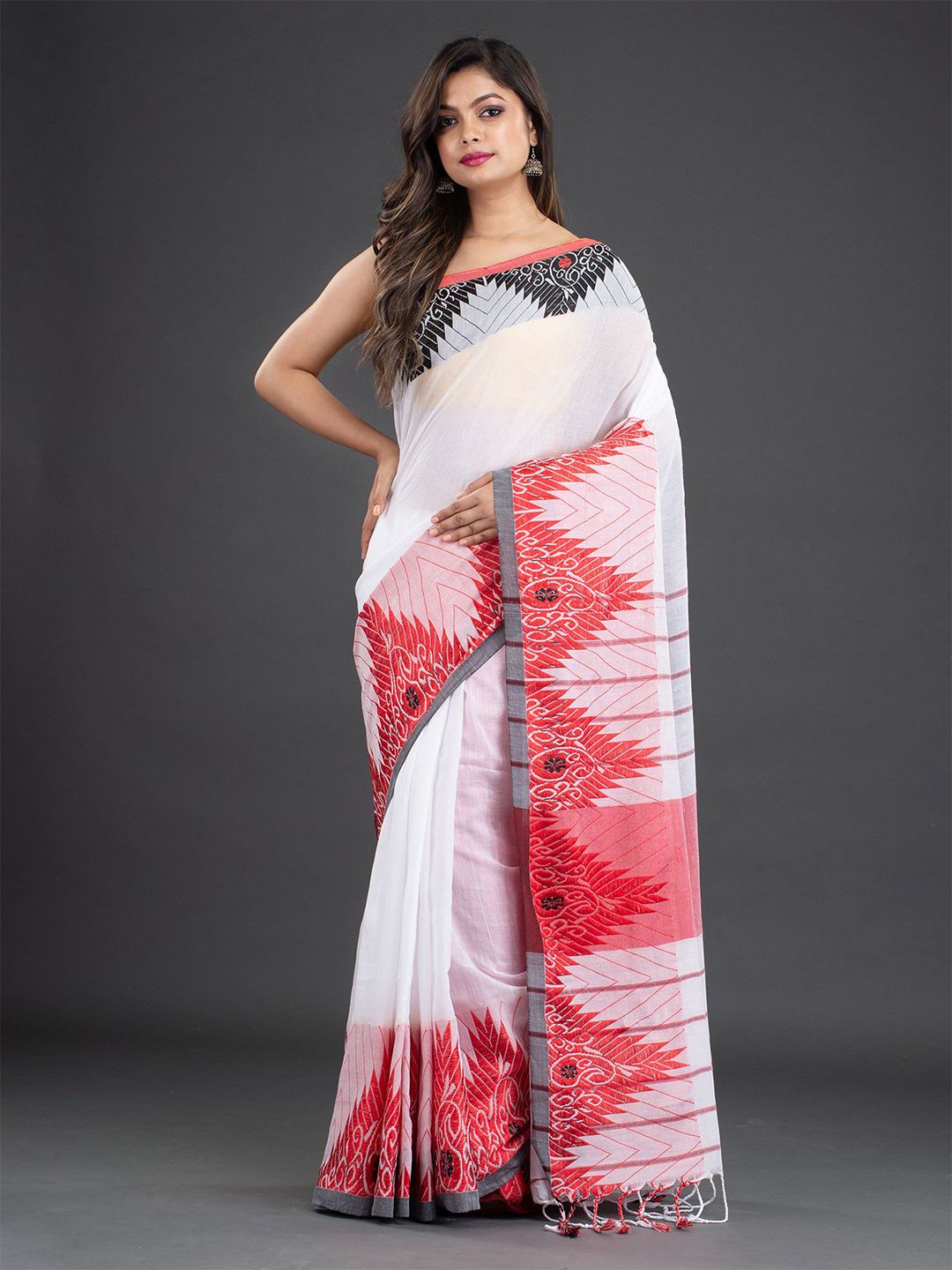 Arhi White & Red Woven Design Pure Cotton Saree Price in India