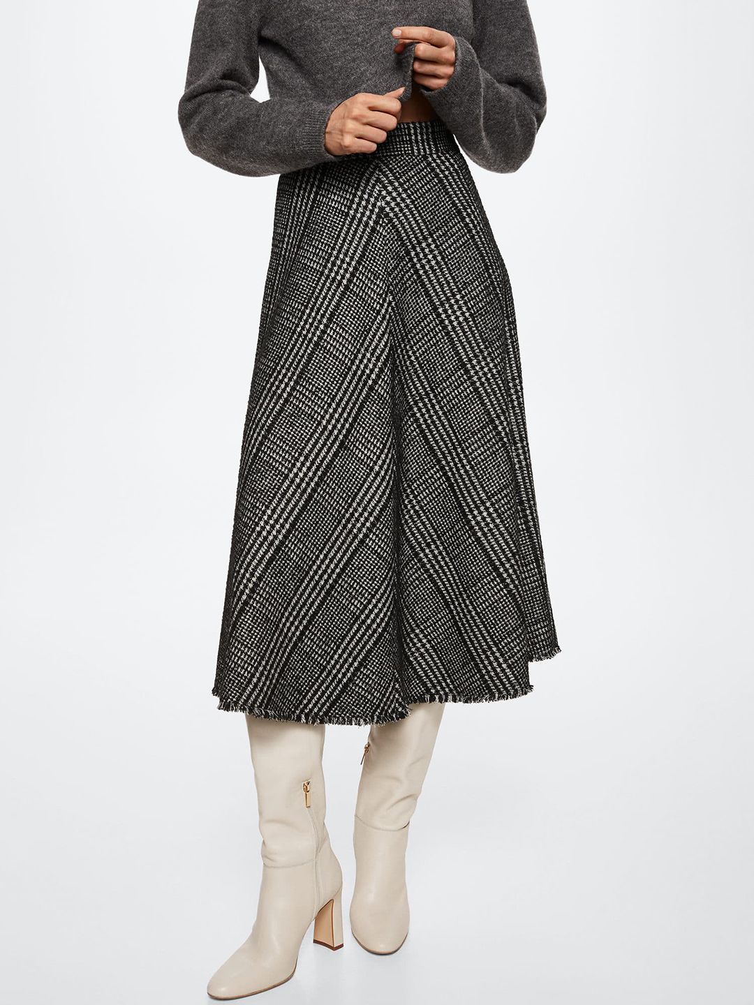 MANGO Women Tweed Checked A-Line Midi Skirt Price in India