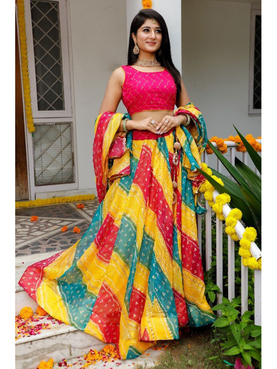 Indi INSIDE Pink & Yellow Embroidered Sequinned Foil Print Ready to Wear Lehenga & Unstitched Blouse With Price in India