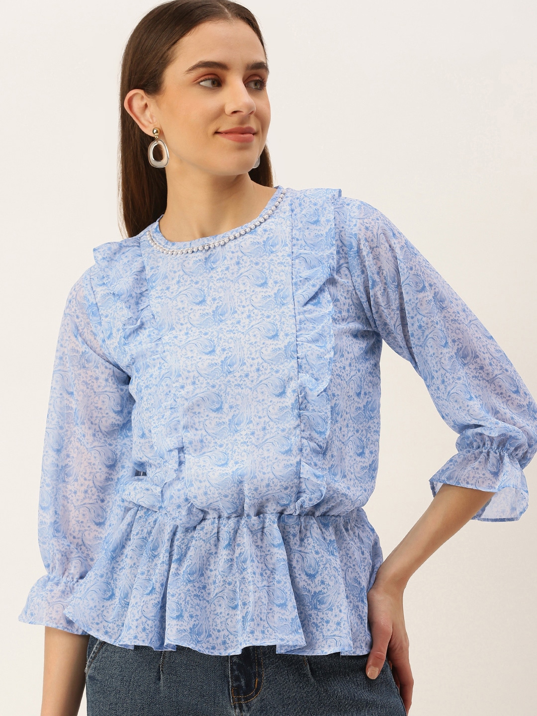 MELOSO Blue & White Floral Print Ruffles Georgette Cinched Waist Top Price in India