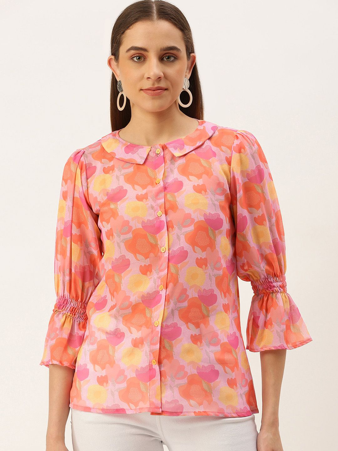 MELOSO Pink & Orange Floral Print Peter Pan Collar Smocked Georgette Shirt Style Top Price in India