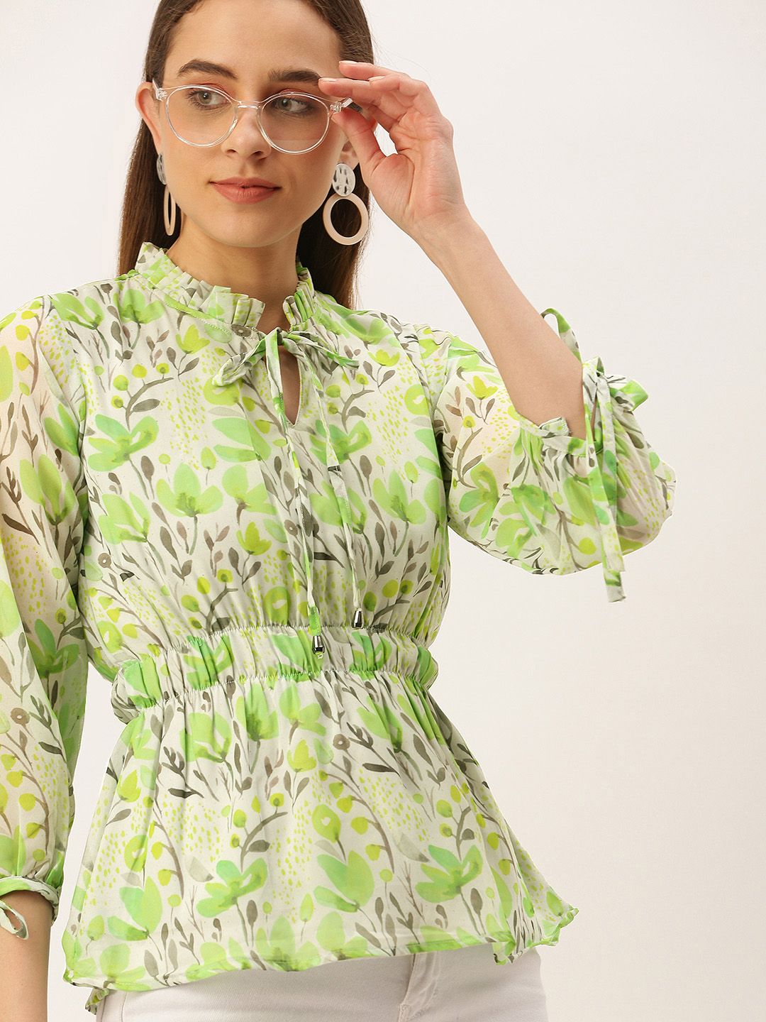 MELOSO Green & Grey Floral Print Tie-Up Neck Georgette Cinched Waist Top Price in India