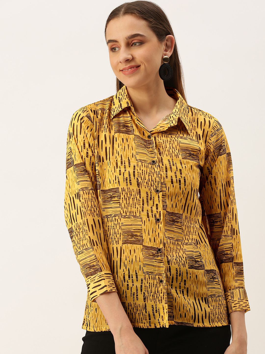 MELOSO Mustard Yellow & Black Print Georgette Shirt Style Top Price in India