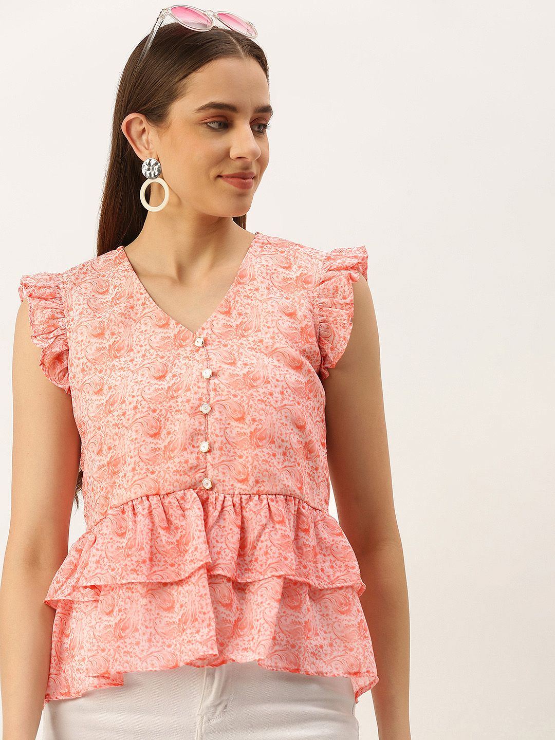 MELOSO Peach-Coloured Floral Print Ruffles Georgette Cinched Waist Top Price in India