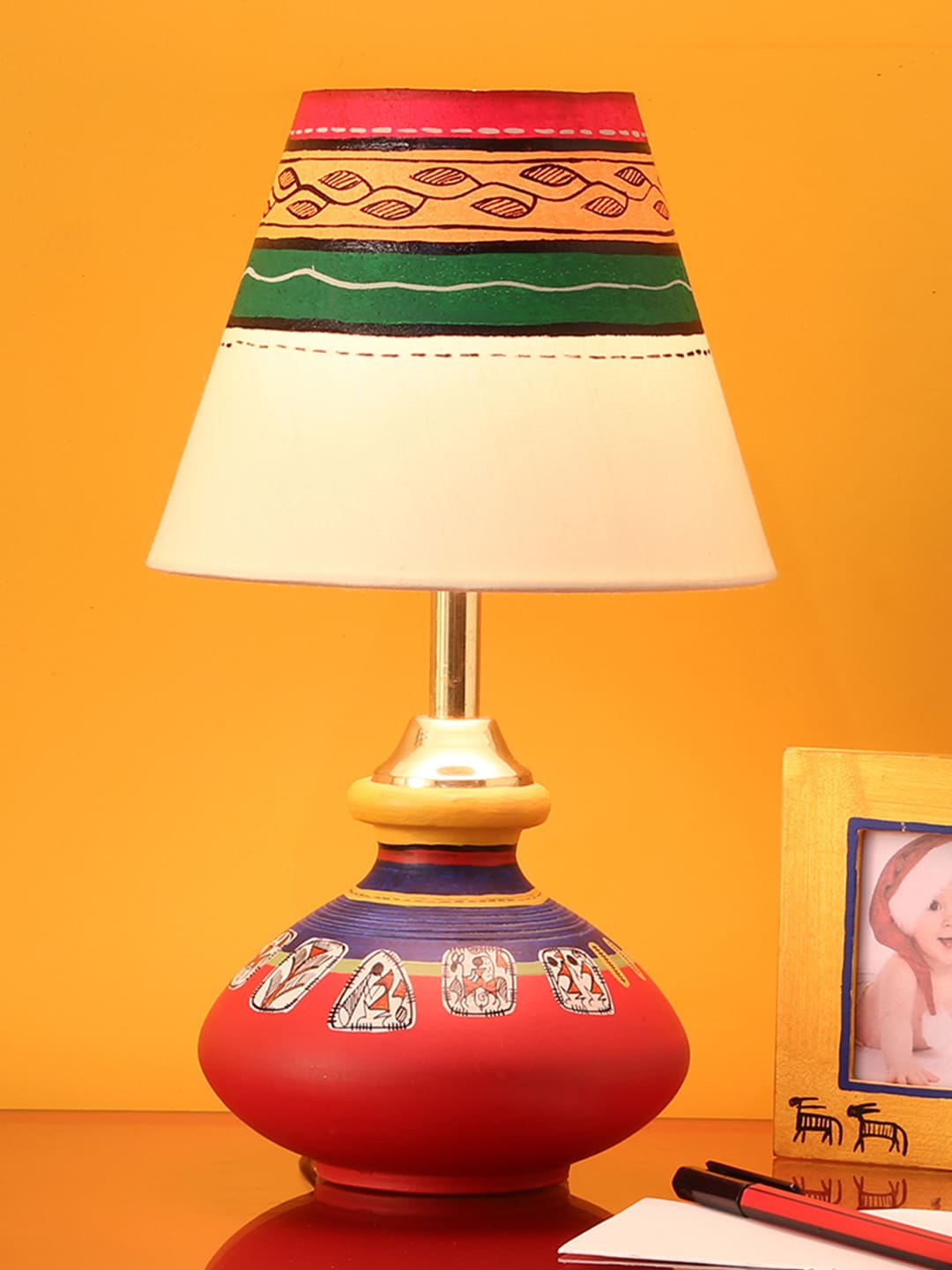 ExclusiveLane Red  Blue Hand-Painted Bedside Standard Terracotta Table Lamp Price in India