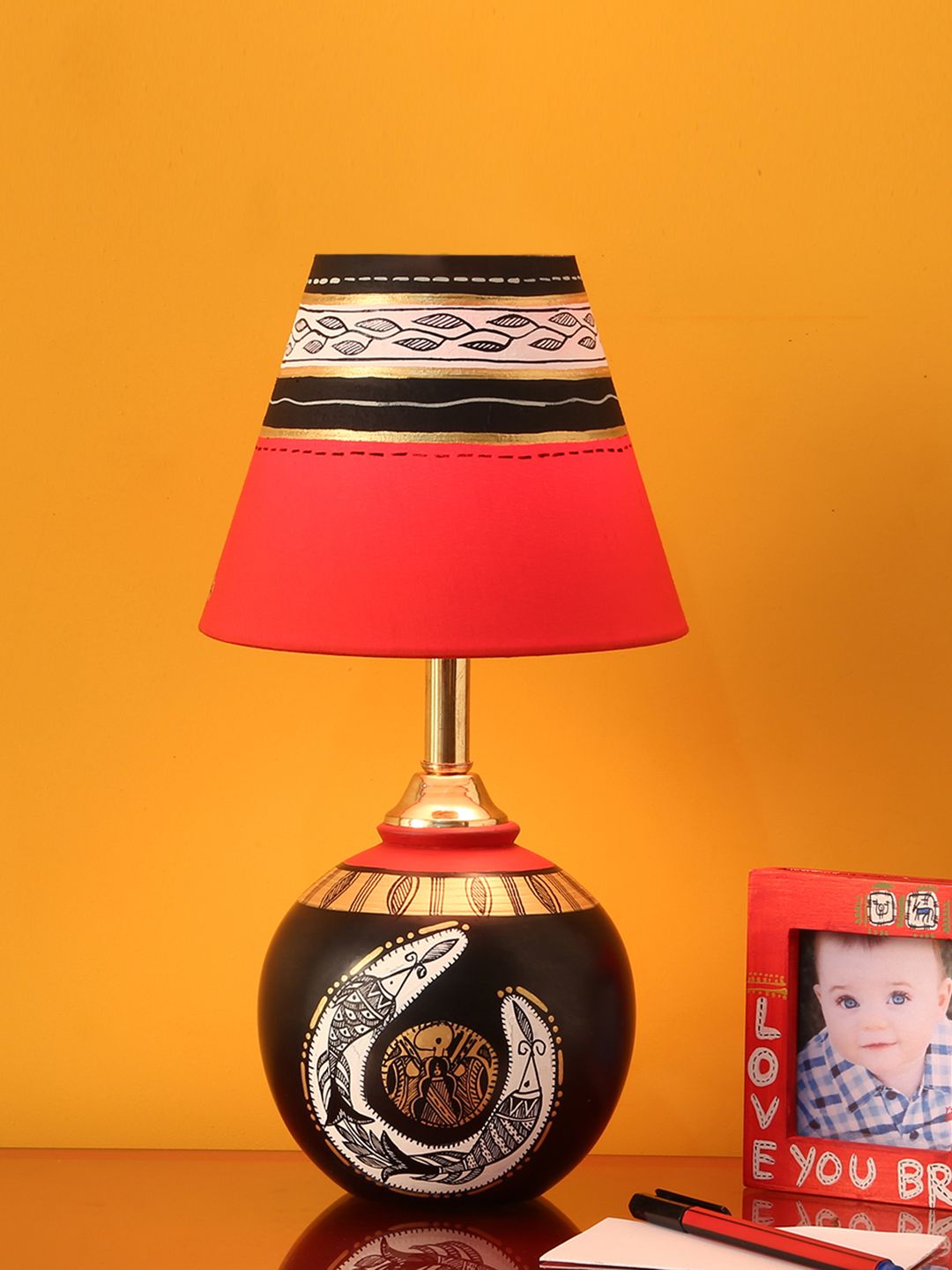 ExclusiveLane Black & Red Hand-Painted Bedside Standard Terracotta Table Lamp with Shade Price in India