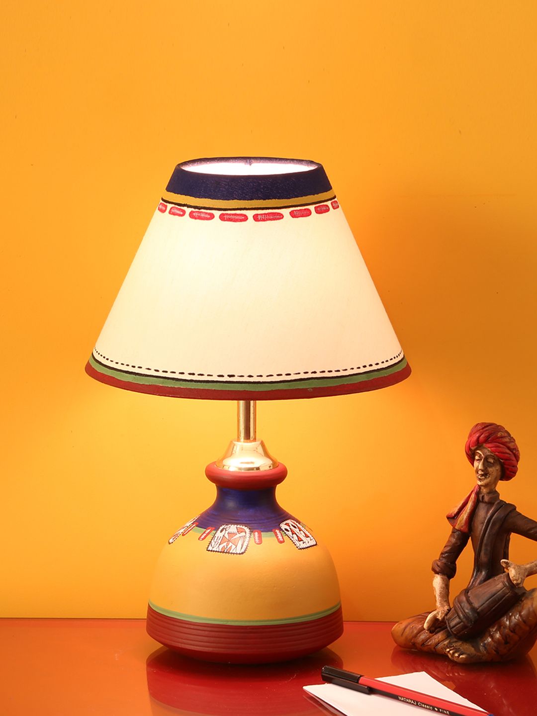 ExclusiveLane Red 13 Inch Terracotta Handpainted Bedside Standard Lamp Price in India