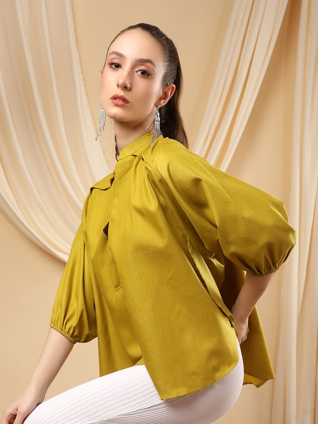 Bani Women Mustard Mandarin Collar Shirt Style Top Price in India