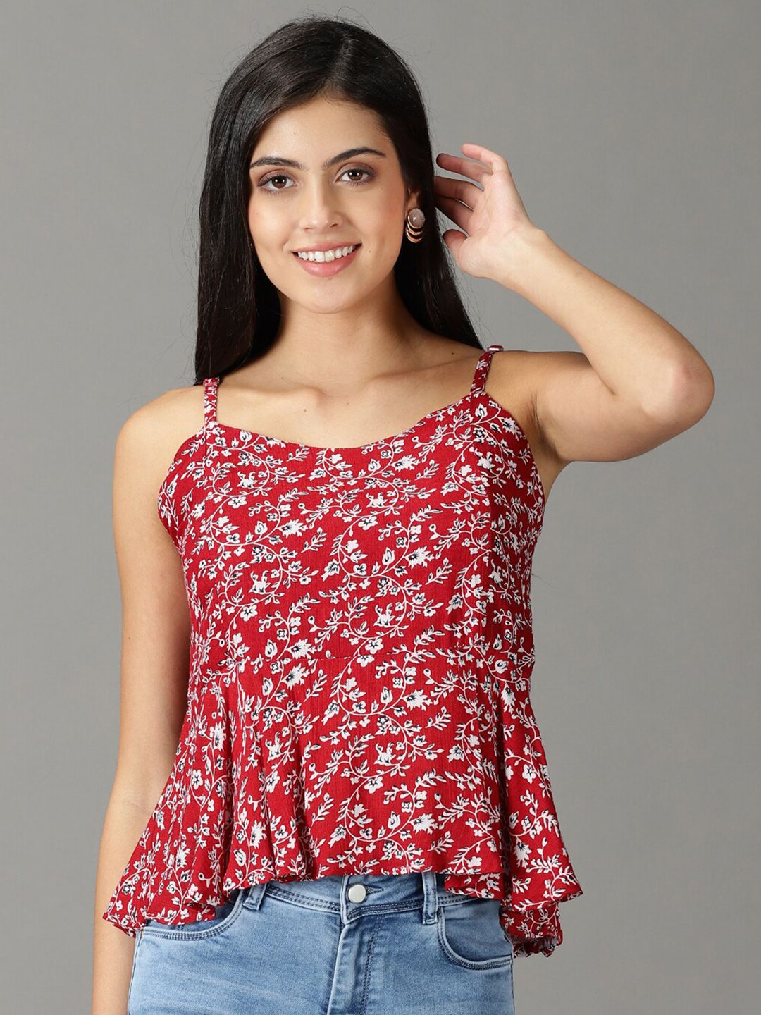 SHOWOFF Red Floral Print Crepe Top Price in India