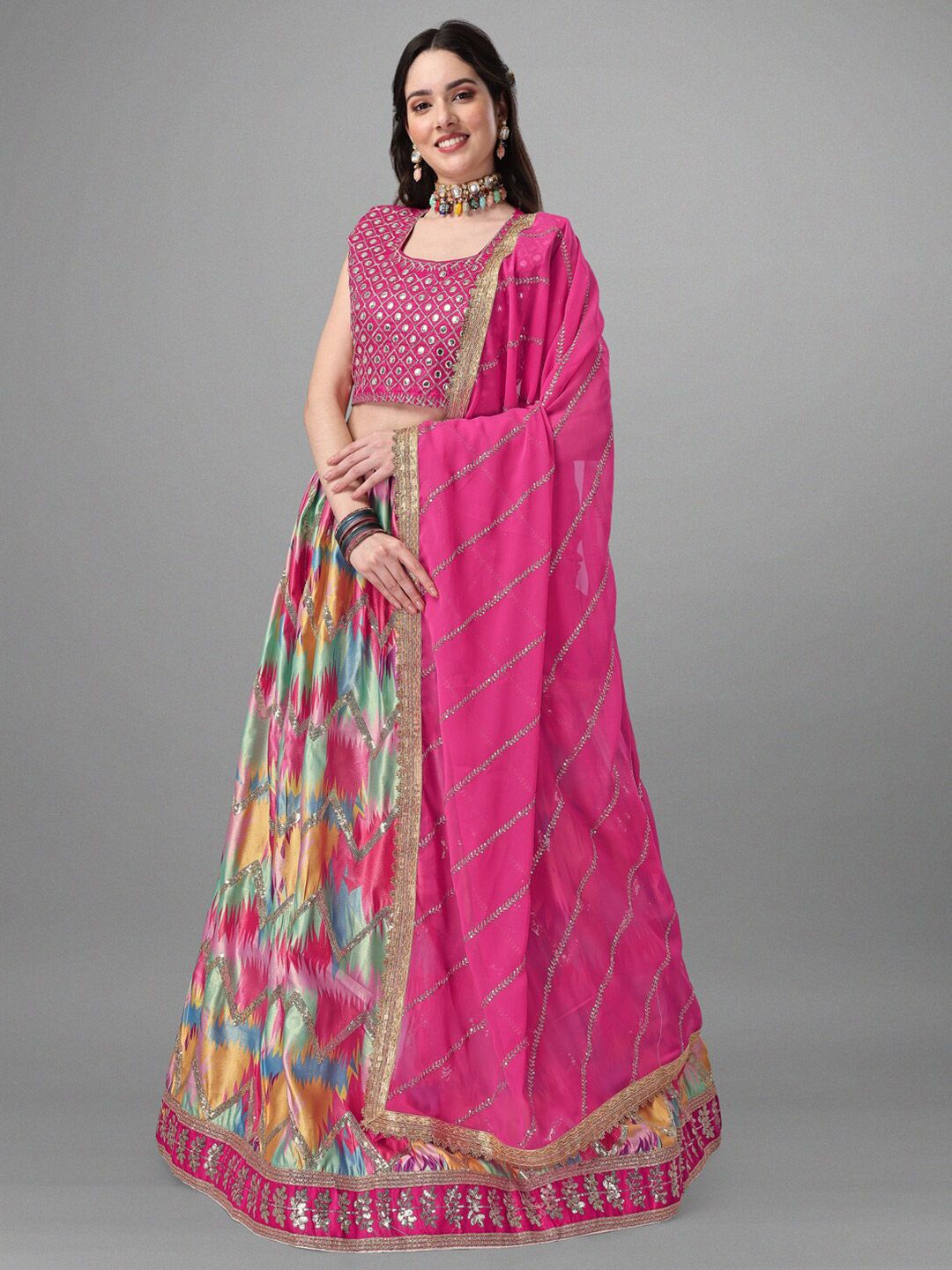 Angroop Pink & Blue Embroidered Semi-Stitched Lehenga & Unstitched Blouse With Dupatta Price in India