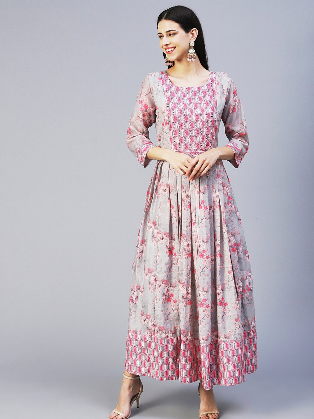 FASHOR Grey Floral Maxi Maxi Dress Price in India