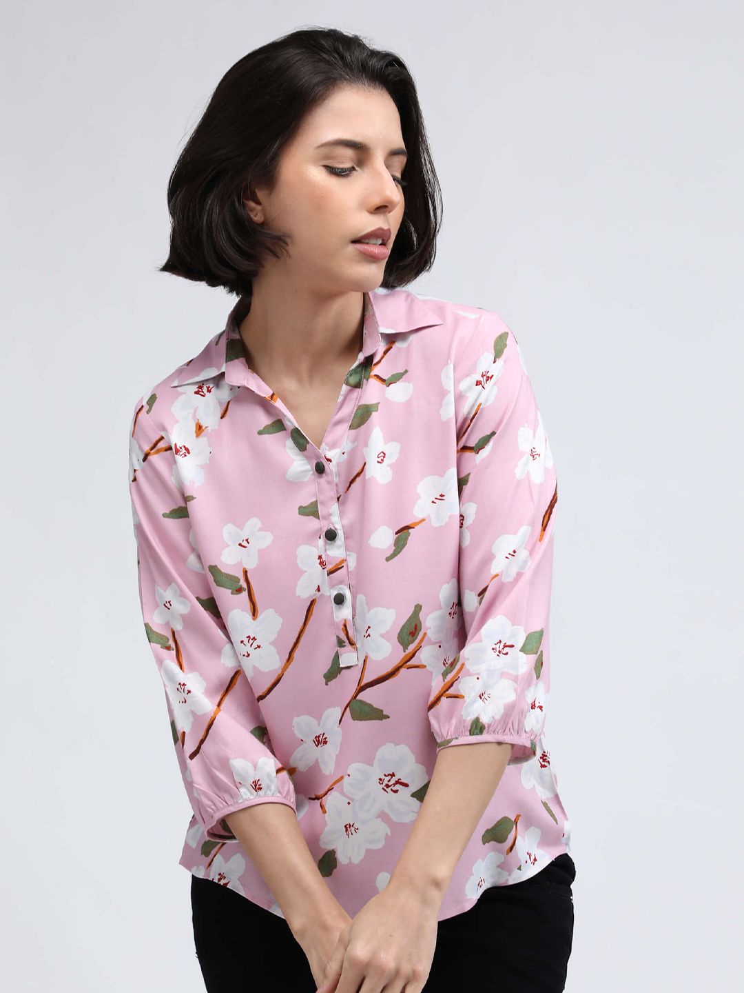 IDK Pink Floral Print Shirt Style Top Price in India