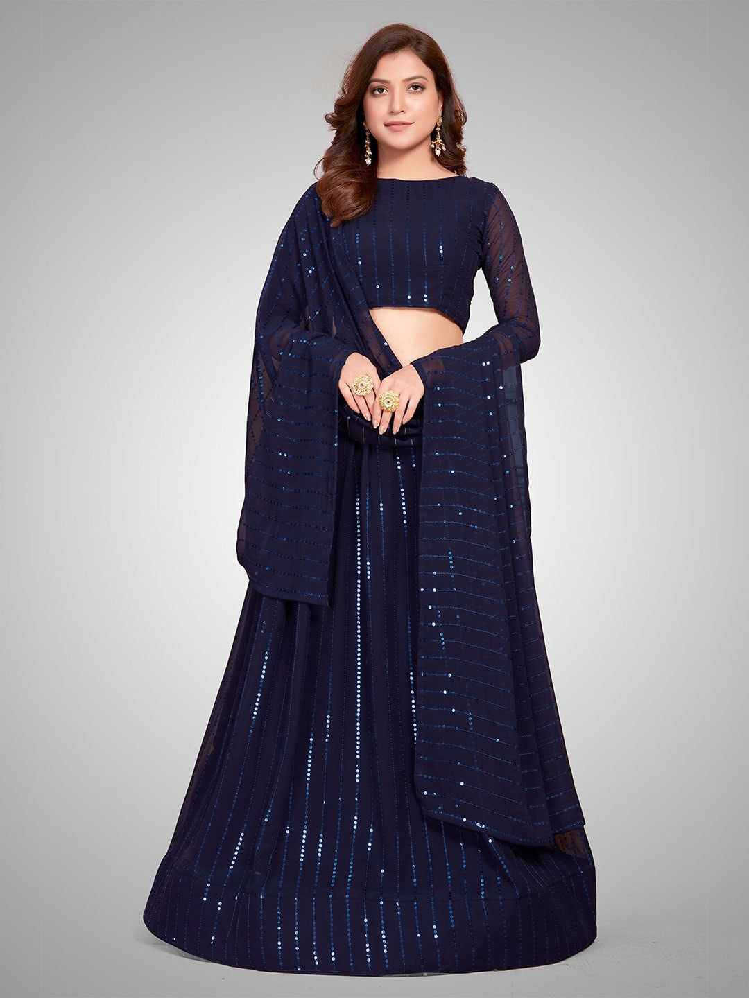 Mitera Blue Embroidered Sequinned Semi-Stitched Lehenga & Unstitched Blouse With Dupatta Price in India
