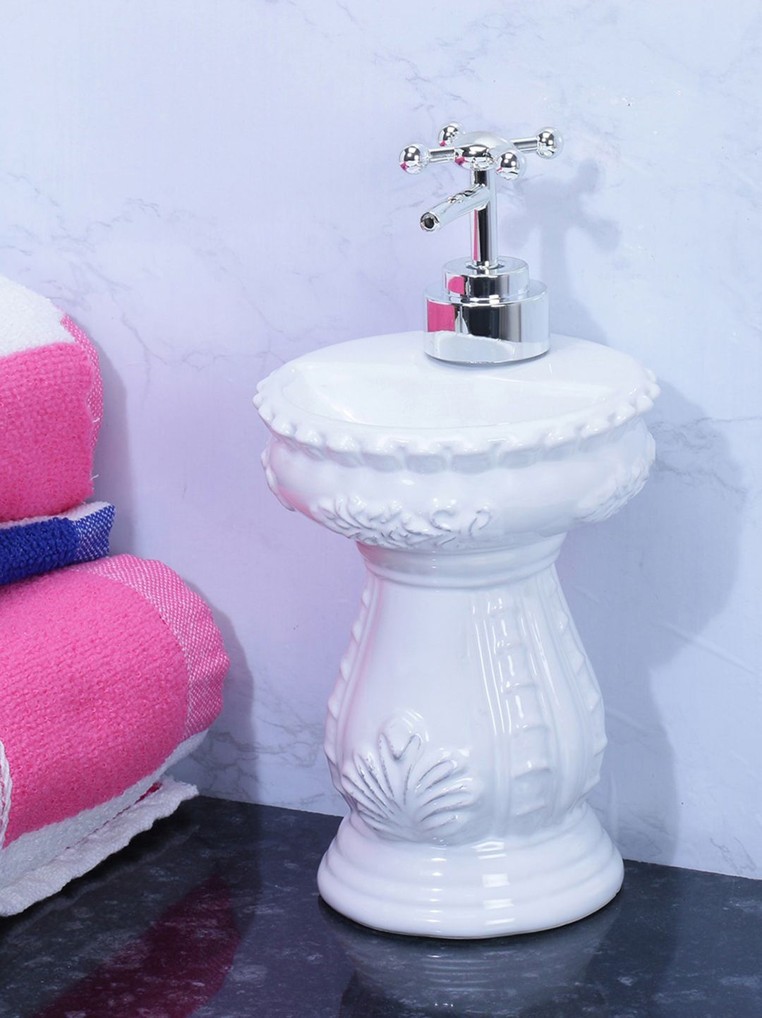 A Vintage Affair- Home Decor White Textured Ceramic Vintage Sink Soap Dispenser