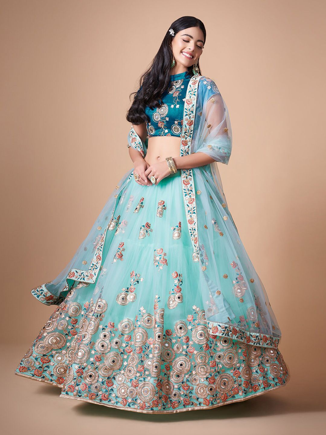 ODETTE Blue & Red Embroidered Mirror Work Semi-Stitched Lehenga & Unstitched Blouse With Dupatta Price in India